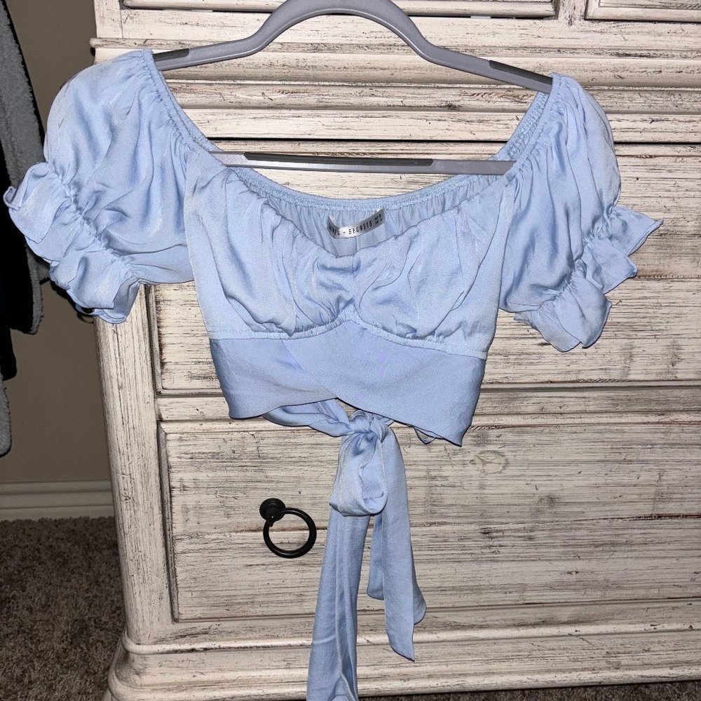 Baby blue crop top with open back and tie!